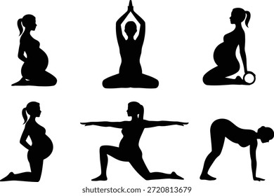 A comprehensive set of black silhouettes showing pregnant women performing various yoga poses beneficial for a healthy and active pregnancy.