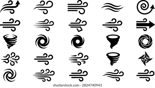 A comprehensive set of black solid silhouette icons illustrating wind currents, airflow patterns, gusty weather, and vortex dynamics. These versatile graphic elements are ideal for weather-themed applications, motion graphics, game design, and creative projects requiring symbols for speed, movement, or atmospheric conditions.