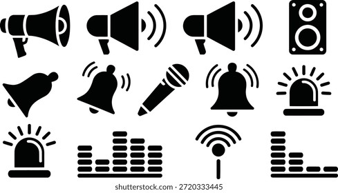 A comprehensive set of black sound and alert icons, featuring megaphones, ringing bells, a speaker, siren, microphone, and equalizers.