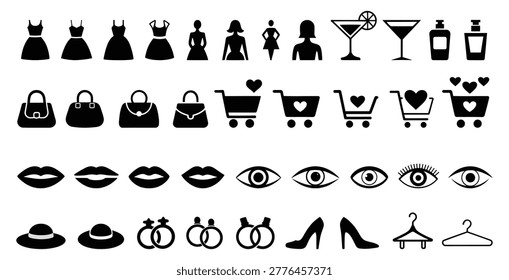 A comprehensive set of black vector icons featuring various fashion accessories like dresses, handbags, shoes, hats, makeup, and shopping cart symbols, perfect for retail or style graphics.