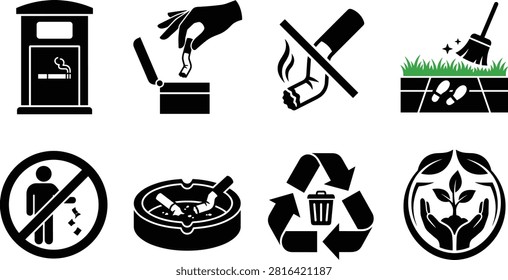 A comprehensive set of black vector icons promoting environmental cleanliness and proper cigarette waste disposal. Features a cigarette bin, hand throwing cigarette butt, no smoking symbol, park cleaning broom, no littering sign, ashtray, recycling sign, and hands holding a plant. Ideal for public area signage, eco-friendly campaigns, environmental awareness posters, and municipal waste management guides.