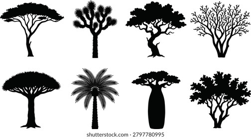 A comprehensive set of black vector silhouettes showcasing diverse trees of the African savannah and arid landscapes, including baobab, acacia, and desert palms. This botanical illustration package is perfect for travel marketing, wild nature designs, and environmental education layouts.