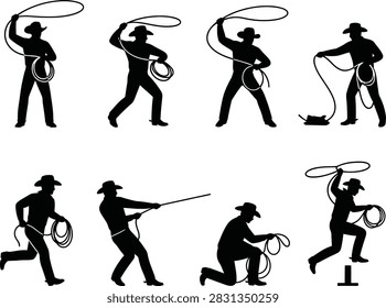 A comprehensive set of black vector silhouettes depicting cowboys in various dynamic poses throwing lassos, running, kneeling, and roping calves. Ideal for western themes.