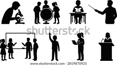 A comprehensive set of black vector silhouettes illustrating various school activities such as science experiments, teaching, digital learning, and group study. Excellent for e-learning platforms, educational textbooks, academy promotions, and school website layouts.