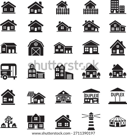 A comprehensive set of black and white glyph icons representing various types of houses, buildings, and structures, including single-family homes, duplexes, barns, apartment buildings, and unique stru