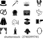 A comprehensive set of black and white icons representing various elements and props associated with magic, illusion, and performance arts, including hats, wands, animals, and stage equipment.