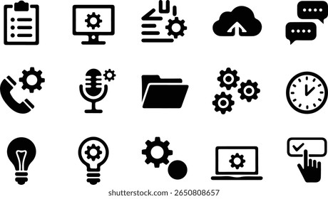Un conjunto completo de iconos en blanco y negro que representan varias Configuraciones y funciones de gestión de datos