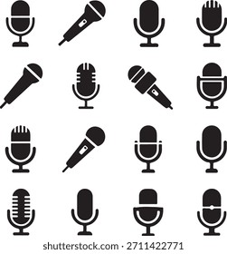 A comprehensive set of black and white icons and silhouettes representing various types of microphones, including handheld, desktop, vintage, and modern styles, all presented against a clean white bac