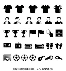 Un conjunto completo de íconos en blanco y negro que representan varios Elementos del fútbol, incluyendo camisetas, jugadores, trofeos, banderas, marcadores, pelotas y herramientas de árbitro.
