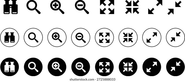 Un conjunto completo de iconos en blanco y negro para binoculares, lupa, acercar, alejar, pantalla completa y salir de las funcionalidades de pantalla completa, presentado en varios estilos, incluyendo el contorno, el archivo.