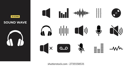 A comprehensive set of black and white icons related to sound, audio waves, and music controls. Includes symbols for volume up, volume down, mute, headphones, microphone, sound level meters, waveforms