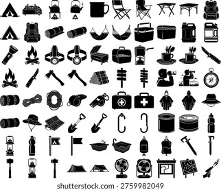 A comprehensive set of black and white icons representing various camping and outdoor gear, perfect for illustrating travel and adventure concepts.