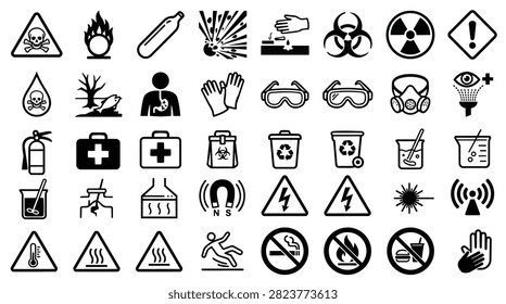 A comprehensive set of black and white icons representing various safety warnings and hazards in a workplace or laboratory environment.