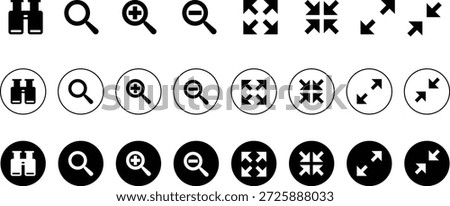 A comprehensive set of black and white icons for binoculars, magnifying glass, zoom in, zoom out, full screen, and exit full screen functionalities, presented in various styles including outline, fil.