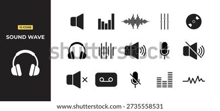 A comprehensive set of black and white icons related to sound, audio waves, and music controls. Includes symbols for volume up, volume down, mute, headphones, microphone, sound level meters, waveforms