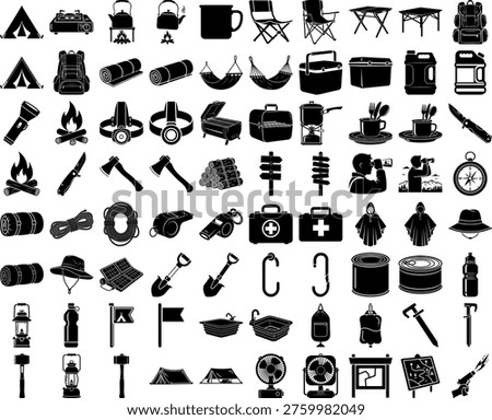A comprehensive set of black and white icons representing various camping and outdoor gear, perfect for illustrating travel and adventure concepts.