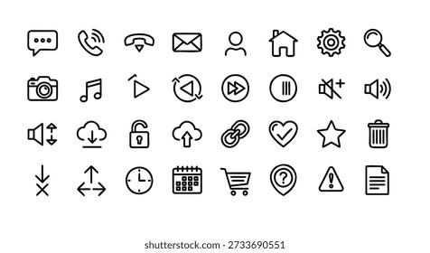 Un conjunto completo de iconos de línea en blanco y negro que cubren la comunicación, la interacción del usuario y la navegación digital para App y Sitios web.