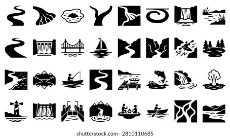 Comprehensive set of black and white minimalist vector icons depicting water geography, infrastructure, and recreation, featuring rivers, dams, waterfalls, bridges, boats, and fishing.