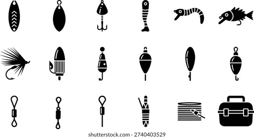 A comprehensive set of black and white silhouette icons depicting various fishing equipment, including lures, bobbers, swivels, fishing line, and a tackle box, essential for angling.