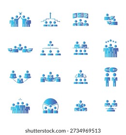 Conjunto abrangente de ícones de gradiente azul ilustrando vários conceitos de negócios, incluindo trabalho em equipe, liderança, estrutura organizacional, colaboração e sucesso.