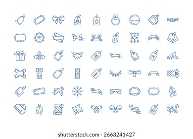 A comprehensive set of blue, hand-drawn line art icons featuring various gift boxes, tags, ribbons, and bows, perfect for holiday and sale promotions.