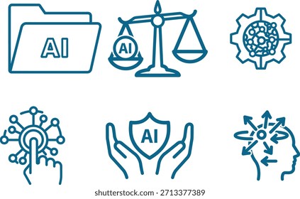 Un conjunto completo de iconos vectoriales de contorno azul que representan varios conceptos de inteligencia artificial aislados sobre fondo transparente