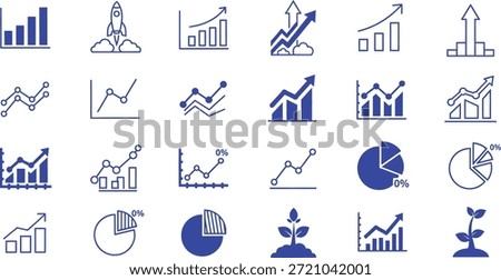 A comprehensive set of blue vector icons illustrating various aspects of business growth, financial statistics, data analysis, and development, including charts, graphs, rockets, and growing plants.