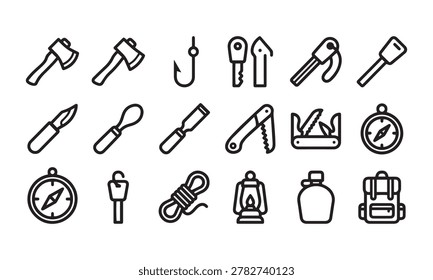 Comprehensive set of bushcraft and survival gear icons showing axe hook key tool blade wood chisel saw knife compass lamp.