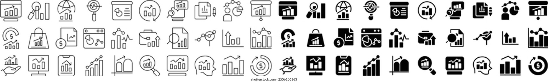 A comprehensive set of business analytics and financial data icons in line and solid styles. Includes graphs, charts, reports, and statistical visuals, perfect for presentations and apps.