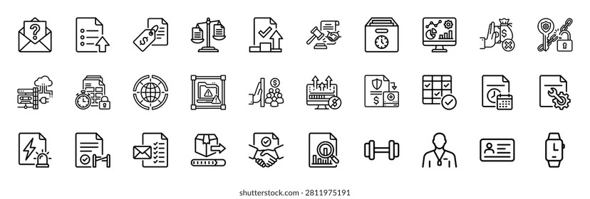Comprehensive set of business, finance, and personal development line icons, suitable for illustrating a wide range of professional and growth topics.