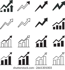 Um conjunto abrangente de ícones do gráfico de crescimento dos negócios que ilustram as tendências para o aumento, o progresso e o sucesso, adequado para apresentações de finanças, dados e análises comerciais.