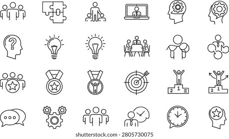Comprehensive set of business management line icons featuring teamwork, leadership, creative thinking, achievement awards, strat.
