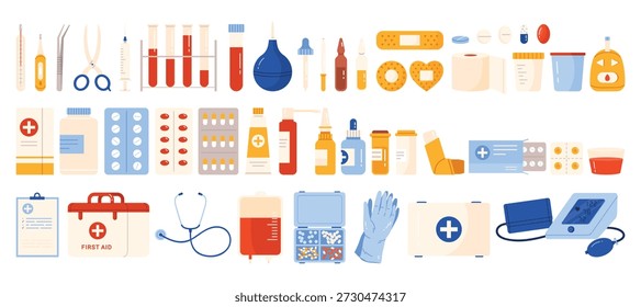 Conjunto completo de herramientas médicas de dibujos animados, suministros de primeros auxilios, píldoras, botellas, termómetro, estetoscopio y equipo de atención médica para uso hospitalario o de farmacia, aislado en Vector de fondo blanco