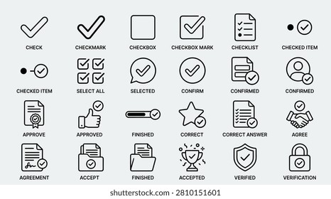 Comprehensive set of check marks and tick symbols for interface design including checkbox variations approved documents verified accounts and completed project icons. Simple line art represents confirmation validation agreement and successful completion for business apps.