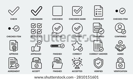 Comprehensive set of check marks and tick symbols for interface design including checkbox variations approved documents verified accounts and completed project icons. Simple line art represents confirmation validation agreement and successful completion for business apps.