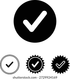 Un conjunto completo de iconos de marca de verificación presentados en diferentes estilos y contextos. El ícono principal presenta una marca blanca prominente encerrada dentro de un fondo circular negro sólido, que transmite una fuerte sensación de Aprobación o finalización. Las variaciones adicionales incluyen una marca de verificación negra dentro de un círculo delineado en blanco, una marca de verificación blanca dentro de una insignia de explosión estelar negra sólida y una marca de verificación blanca de contorno también dentro de una insignia de explosión estelar negra sólida. Estos íconos son ideales para representar confirmación, éxito, Acuerdo o Estado validado en interfaces de usuario, Diseño web o documentación.