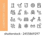 A comprehensive set of chemistry laboratory icons representing scientific tools and processes used in chemical research and experiments, ideal for educational communication. Vector illustration