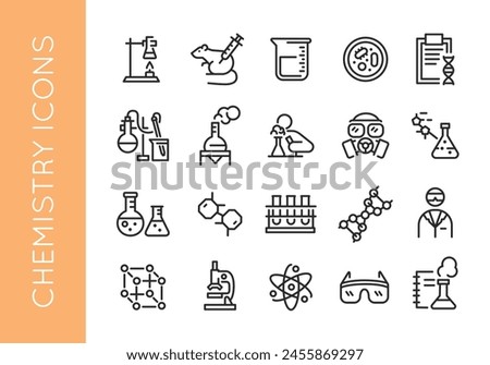 A comprehensive set of chemistry laboratory icons representing scientific tools and processes used in chemical research and experiments, ideal for educational communication. Vector illustration