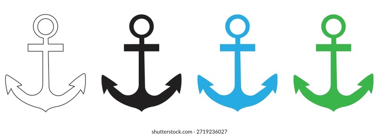 A comprehensive set of classic anchor icons in various styles including outline, solid black, blue, and green, symbolizing nautical adventure, marine travel, and stability