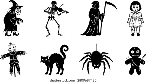 A comprehensive set of classic Halloween characters and mystical objects including a scary witch, grim reaper, violin playing skeleton, and voodoo doll.