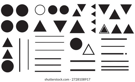A comprehensive set of clean, minimalist geometric shapes featuring solid circles, various triangle orientations, and sharp parallel lines. These basic black vector elements are ideal for creating modern logos, abstract patterns, architectural layouts, and technical illustrations. Perfectly balanced shapes for professional branding, UI design, and contemporary digital art.