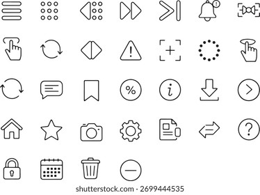 Un conjunto completo de iconos de línea limpios y minimalistas que representan varios Elementos de interfaz de usuario y acciones comunes, perfectos para el Web y el diseño App. Aislado en blanco.