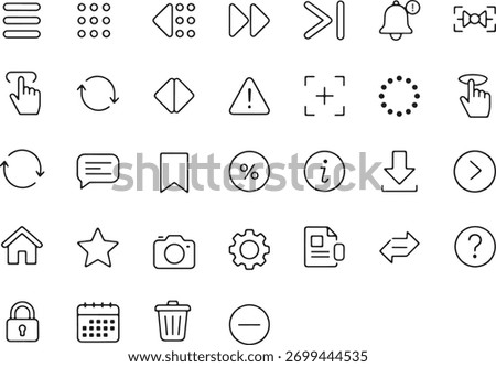 A comprehensive set of clean, minimalist line icons representing various user interface elements and common actions, perfect for web and app design. Isolated on white.