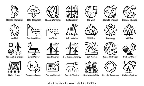 Comprehensive set of climate change and environmental icons, illustrating concepts such as global warming, sustainability, renewable energy, and ecological conservation. Modern line style vector pictograms representing deforestation, ice melt, and carbon footprint issues.