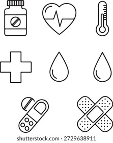 Conjunto completo de símbolos clínicos y de primeros auxilios para uso profesional de la salud o educación sobre seguridad en el hogar. Los iconos representan los suministros de farmacia, las herramientas de diagnóstico de monitoreo de signos vitales y los elementos esenciales para el cuidado de heridas en un estilo profesional minimalista en blanco y negro.