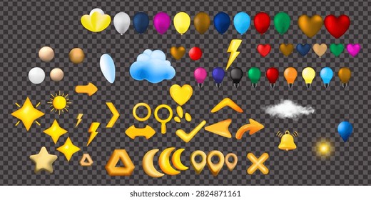 A comprehensive set of colorful 3D graphic design elements isolated on transparent background. Includes 3D balloons, heart shapes, clouds, stars, lightning bolts, light bulbs, arrows, pin markers, and UI icons for web design and game assets.