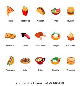 A comprehensive set of colorful flat icons showcasing various food items: pizza, fast food (fries), Mexican taco. Ideal for menus, food apps, and culinary websites.