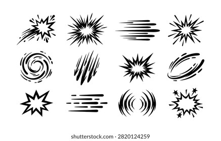 Comprehensive set of comic book style visual effects including speed lines bursts impacts energy blasts swirl motions and radiating shockwaves isolated on white background versatile graphic tools for adding excitement and movement to cartoon illustrations.