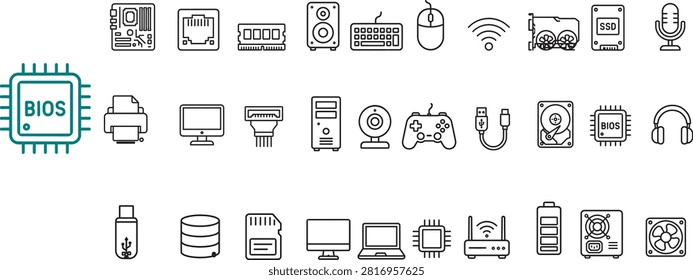A comprehensive set of computer hardware line icons featuring motherboard, CPU, BIOS chip, memory, and peripheral components.