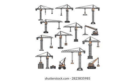 A comprehensive set of construction crane illustrations featuring different types like tower cranes, mobile cranes, and crawler cranes. Each graphic is designed in a clean, flat vector style with detailed lattice structures and lifting mechanisms, ideal for industrial, architectural, and engineering design projects.